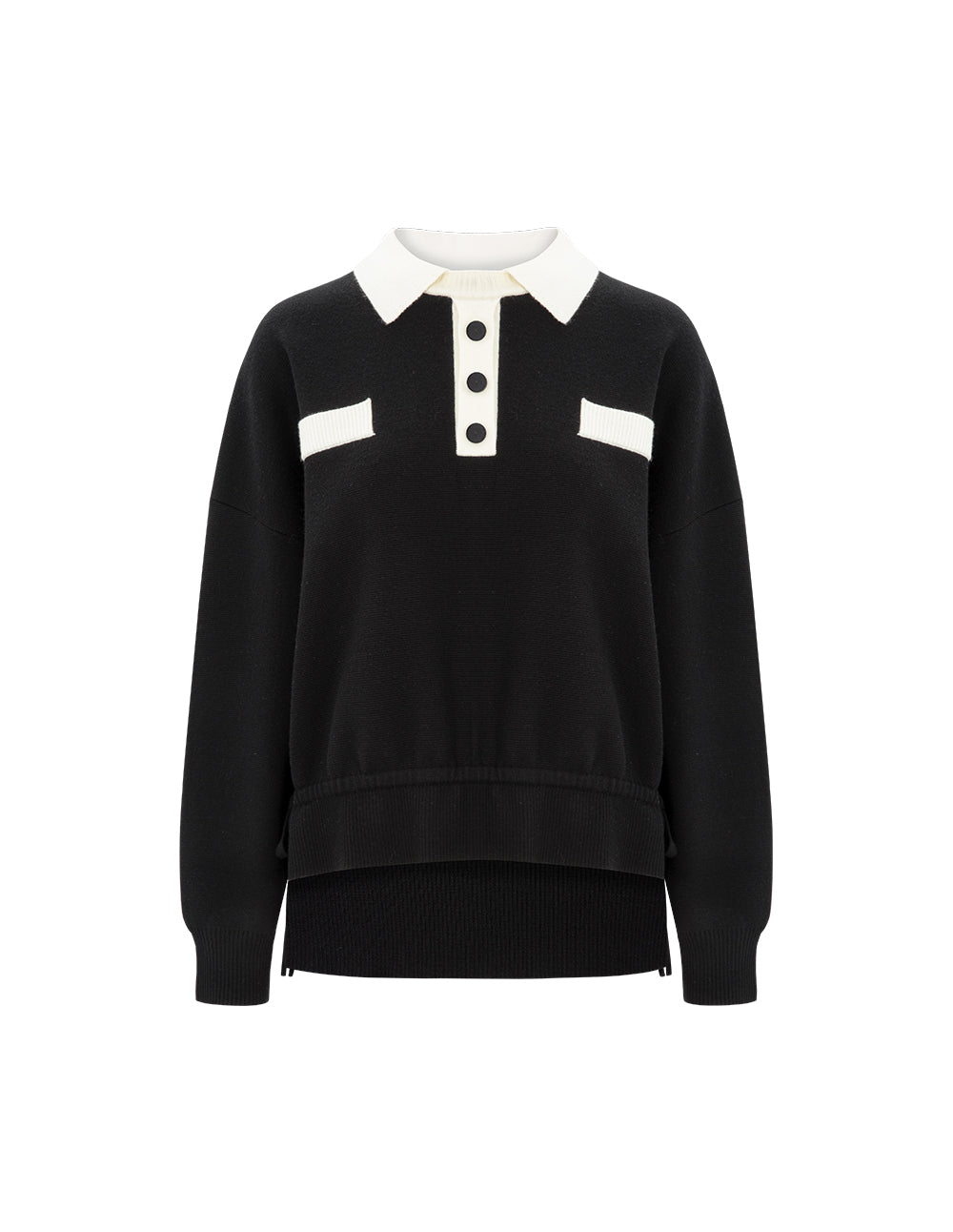 MARYLING Black And White Contrast T-Shirt Collar Knitted Pullover