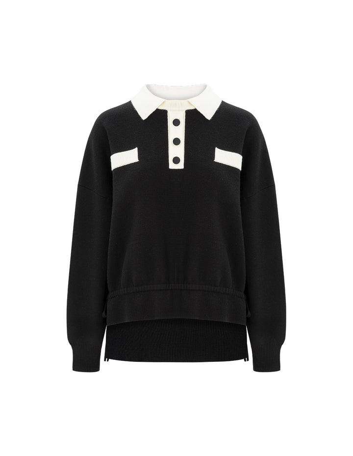 MARYLING Black And White Contrast T-Shirt Collar Knitted Pullover