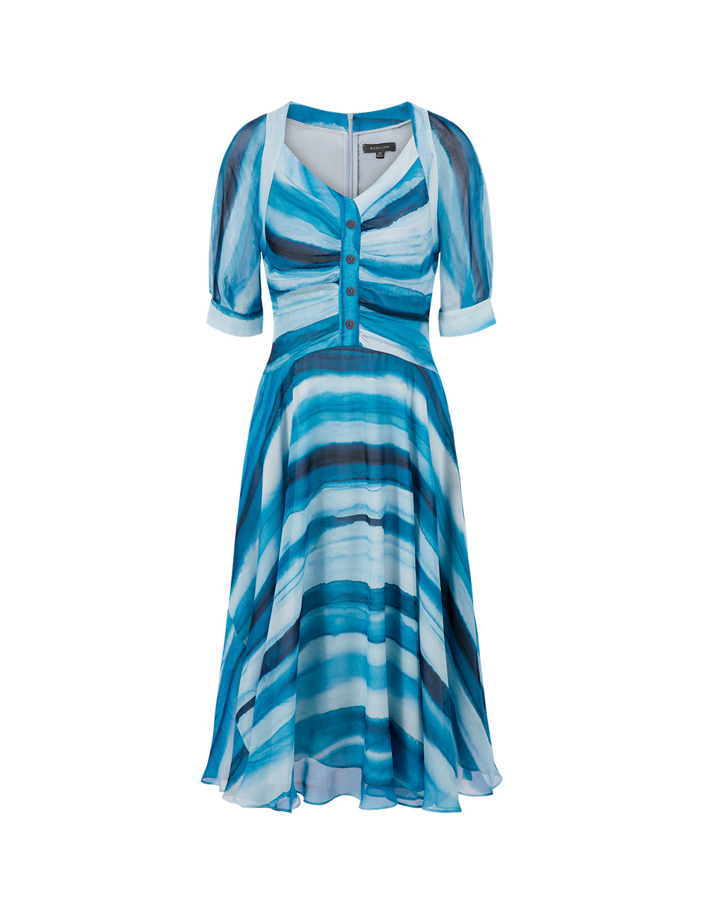 MARYLING Gradient Blue Wave Square Neck Pleated Print Dress