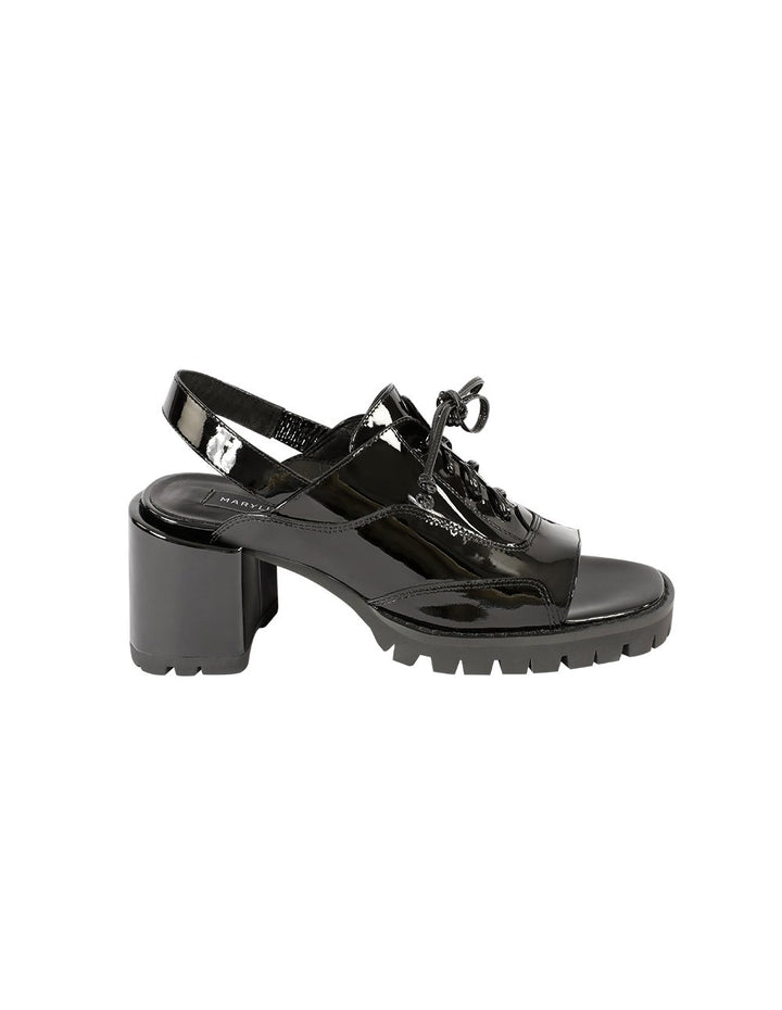 MARYLING Patent Leather Open Toe Lace Up Block Heel Slingback Shoes