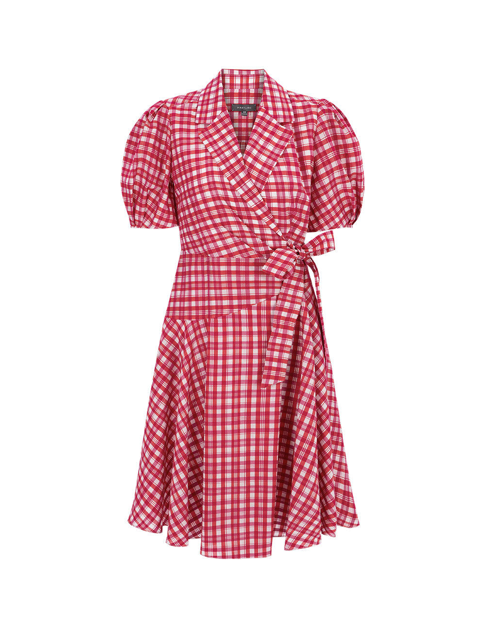 MARYLING Rose pink plaid suit collar puff sleeves plaid dress