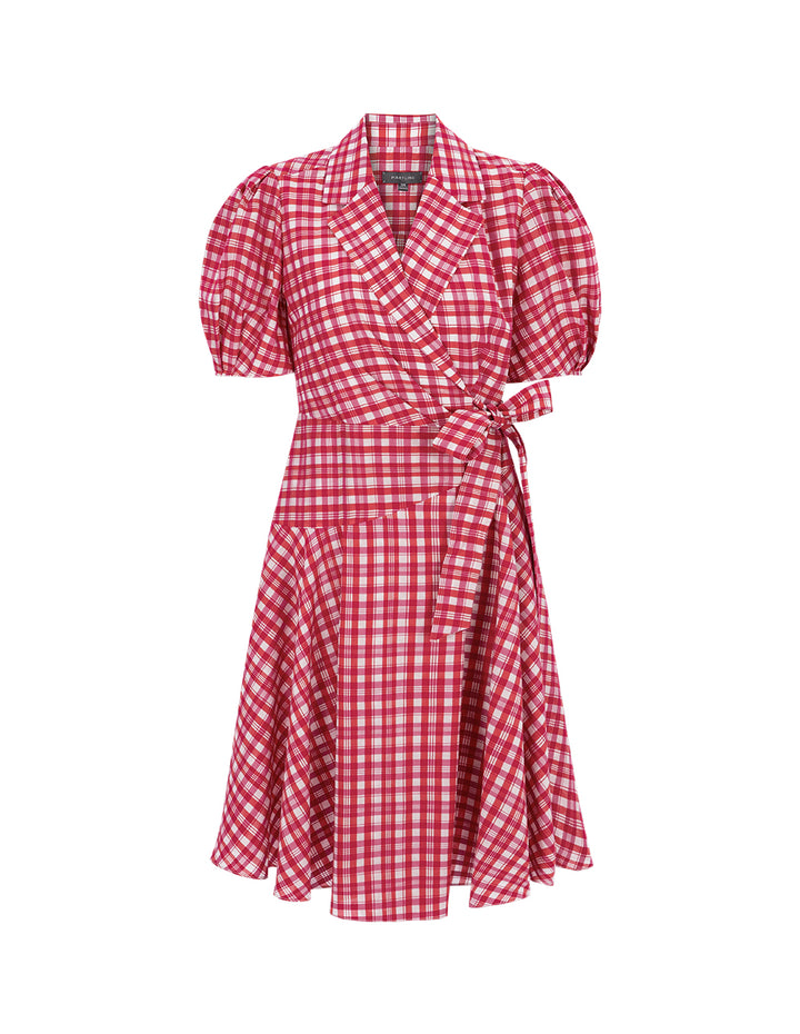 MARYLING Rose pink plaid suit collar puff sleeves plaid dress