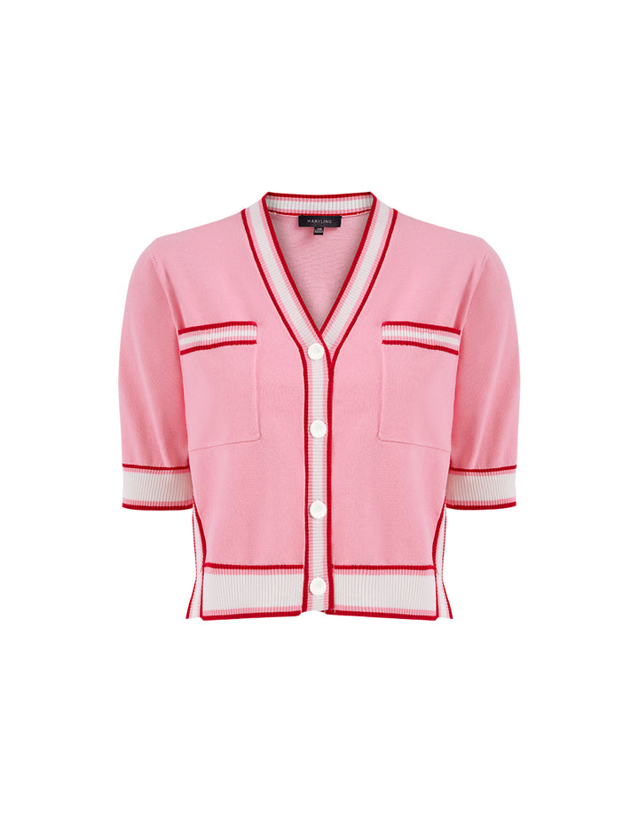 MARYLING Peach Pink Contrasting Rib-Knit Detail Cardigan