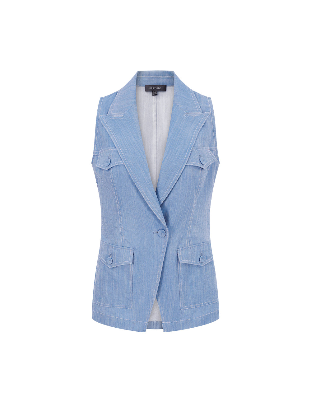 MARYLING Denim Blue Peak Collar Contrast Stitching Vest