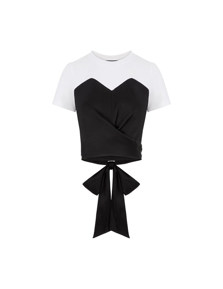 MARYLING Black And White Contrast Crossover Detail Panel Crewneck T-Shirt Top