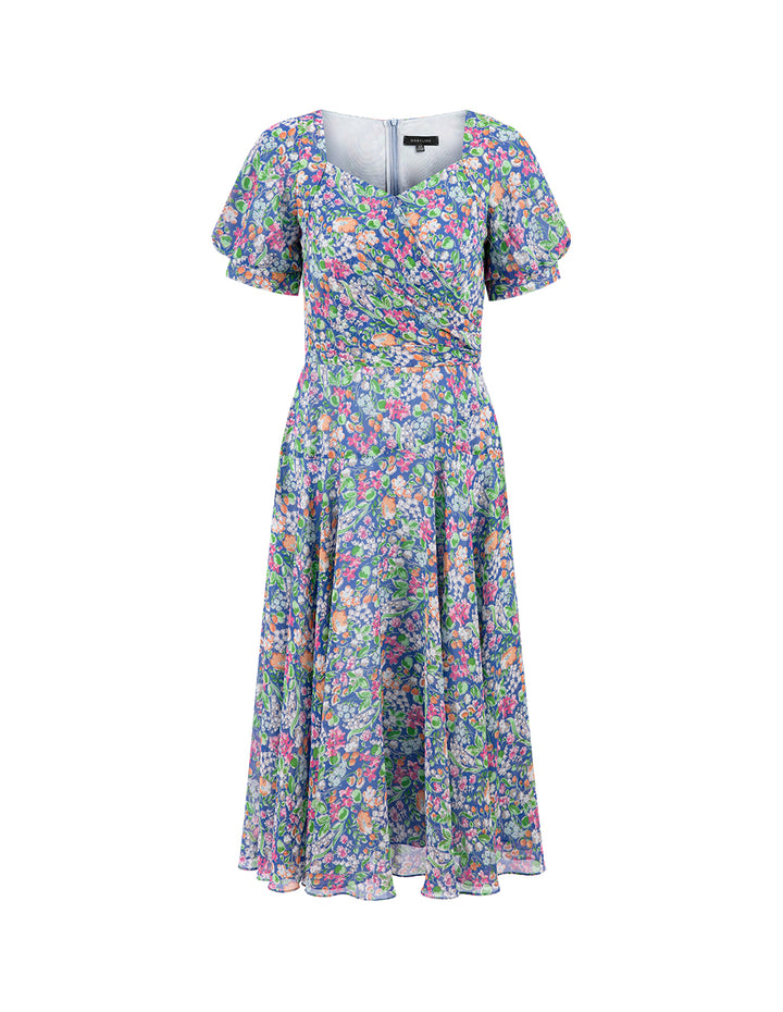 MARYLING Colourful Underwater Garden Square V-Neck Pinched Print Dress