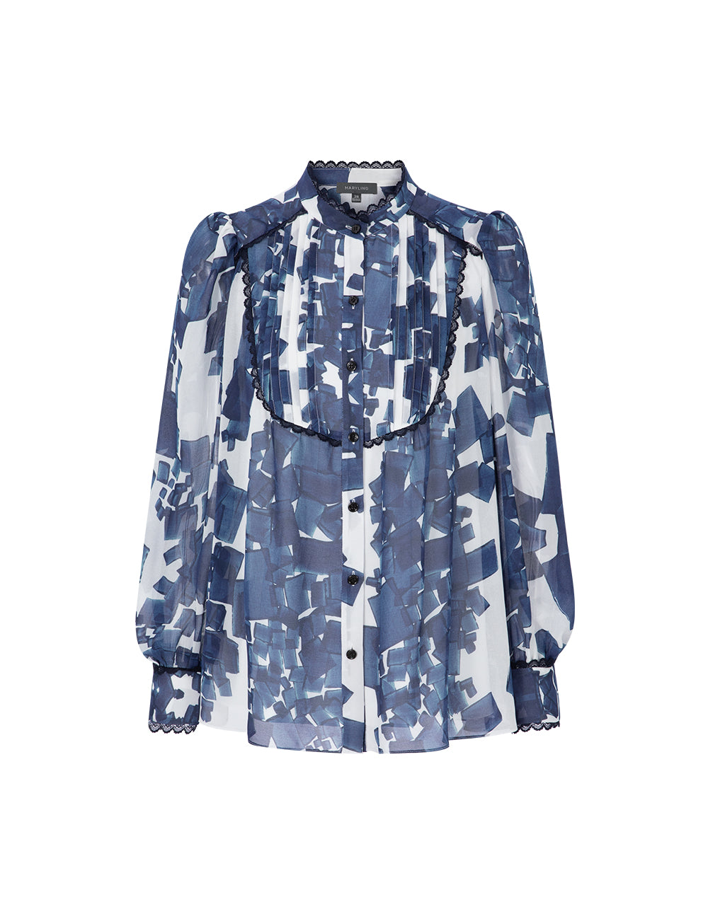 MARYLING Blue And White Gravel Collar Stitching Lace Top