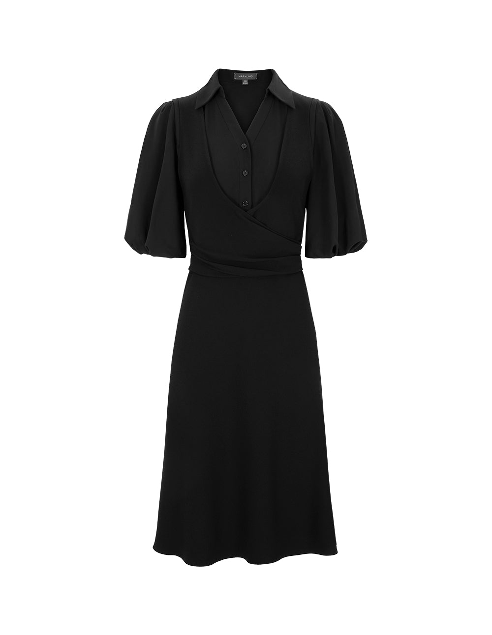 MARYLING Black Fake Two-Piece Shirt V-Neck Puff Sleeve Dress