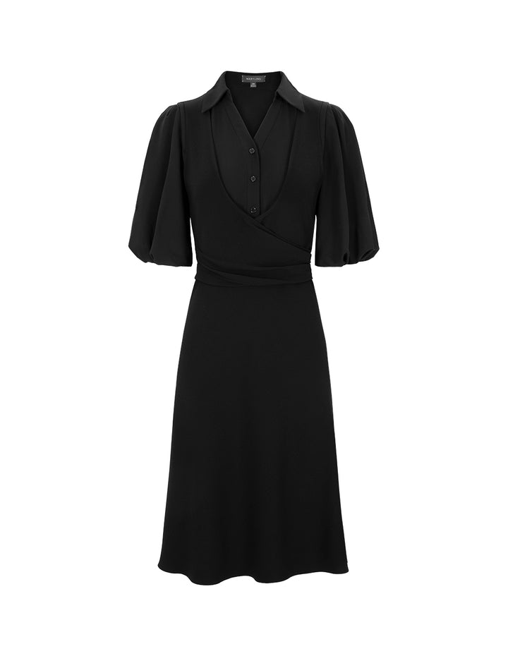 MARYLING Black Fake Two-Piece Shirt V-Neck Puff Sleeve Dress