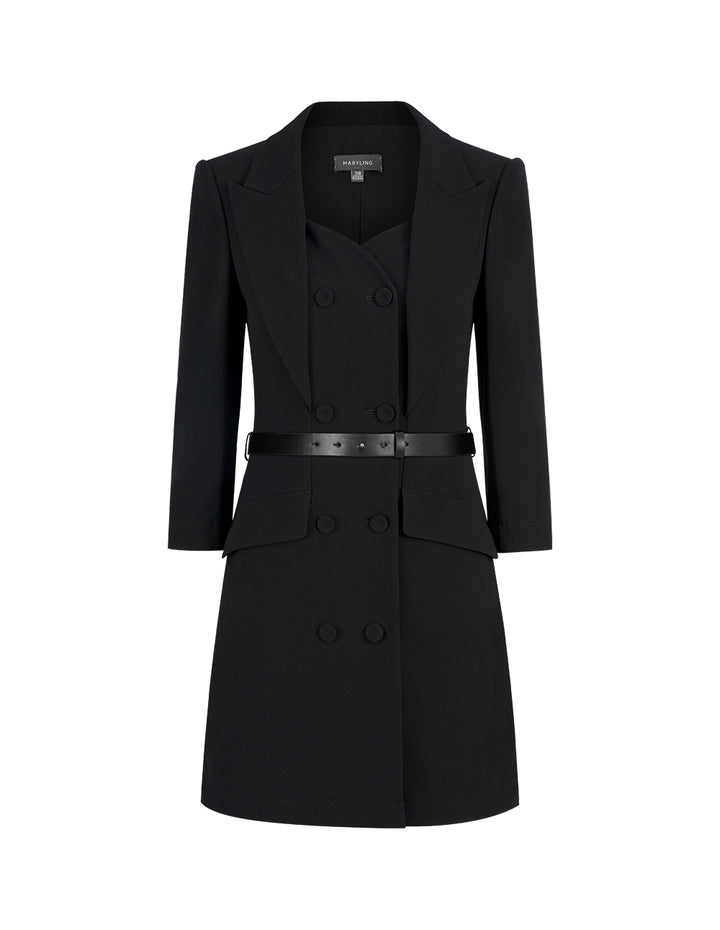 MARYLING Lapel Collar Double-Breasted Black Short Dress