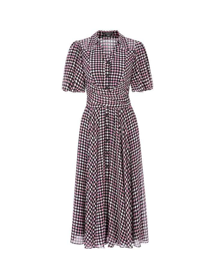 MARYLING Red Berry Plaid Shirt Collar Cross Tie Puff Sleeve Dress