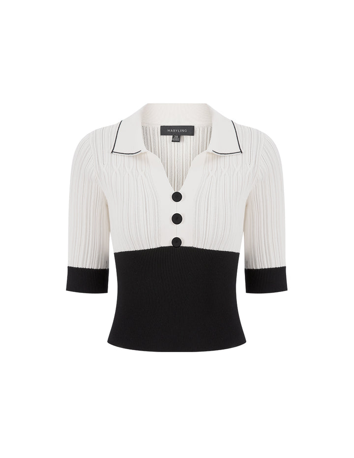 MARYLING White Tee Collar Colour block Knit Sweater