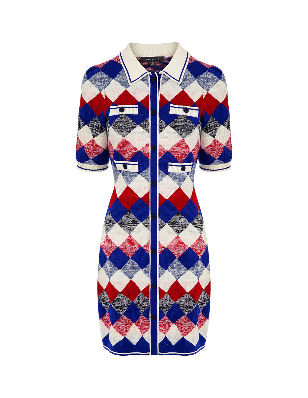 MARYLING Diamond Plaid Shirt Collar Knitted Dress