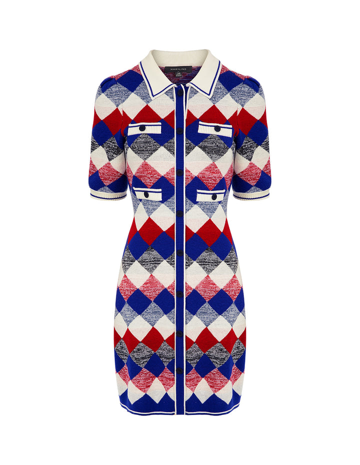 MARYLING Diamond Plaid Shirt Collar Knitted Dress