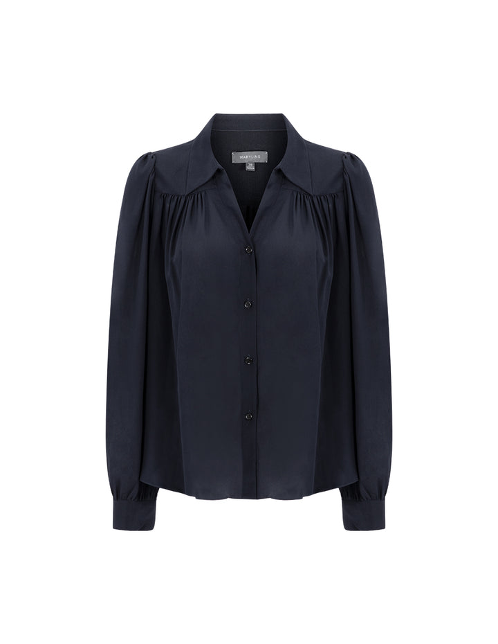 MARYLING Dark Blue V Shirt Neck Silk Shirt