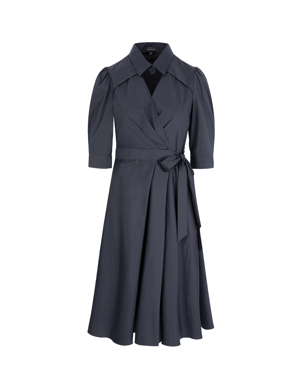 MARYLING Midnight Blue Shirt Neck V-Shaped Overlap Knotted Navy Dress