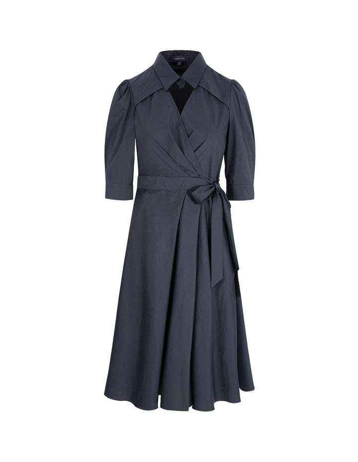 MARYLING Midnight Blue Shirt Neck V-Shaped Overlap Knotted Navy Dress