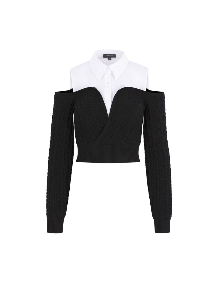 MARYLING Black And White Contrasting Off-Shoulder Stitched Top