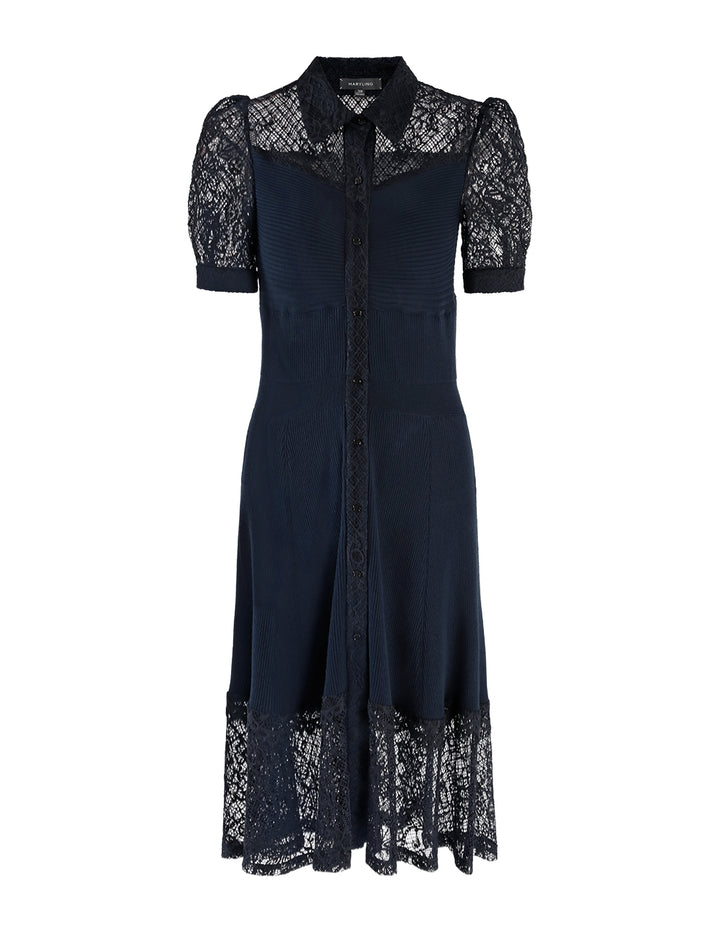 MARYLING Lace shirt-collar stitching woolen dress