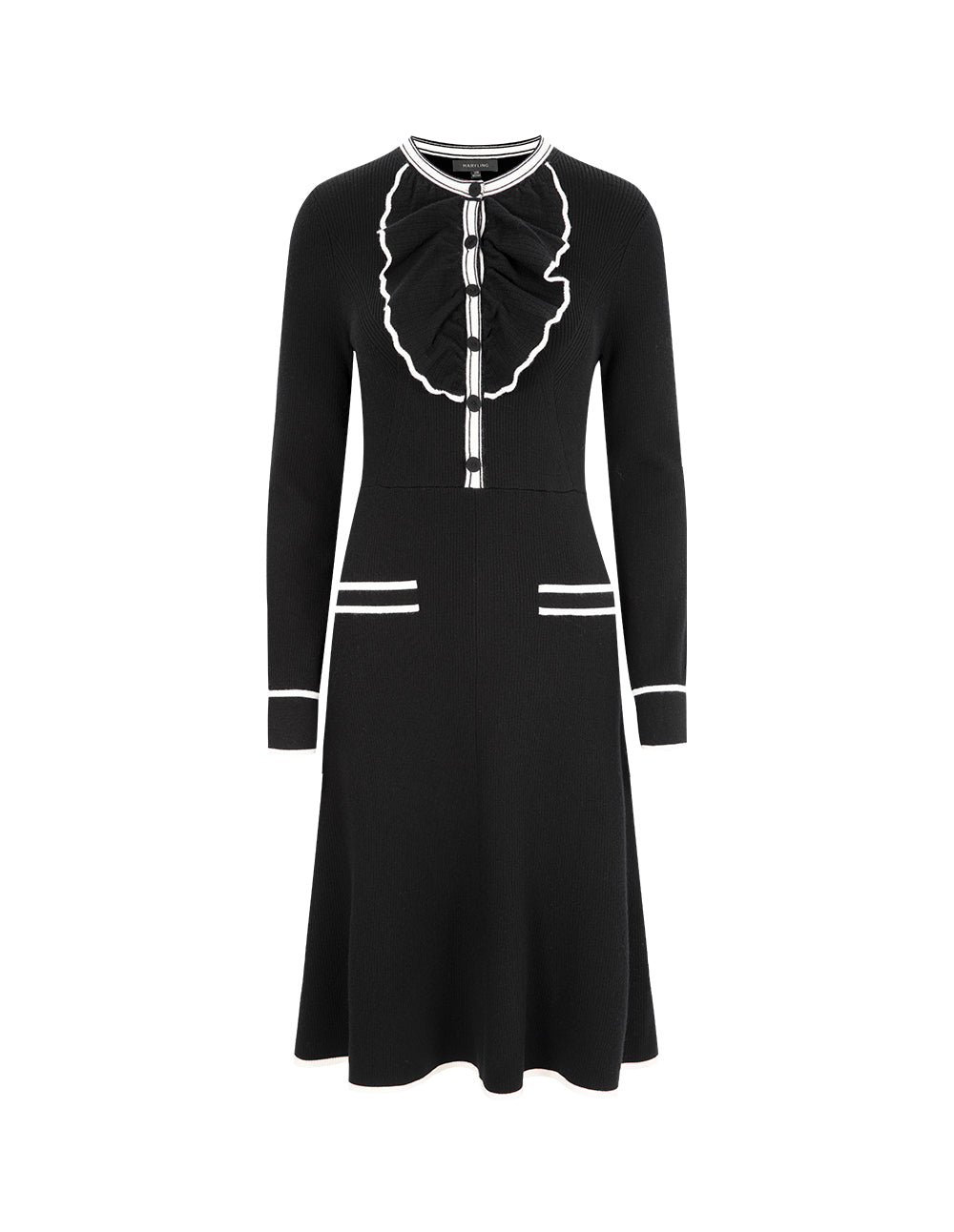 MARYLING Black And White Contrast Trim Long-Sleeved Knitted Dress