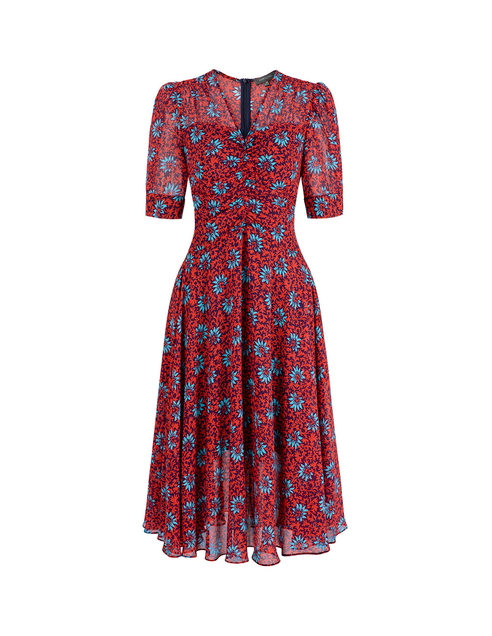 MARYLING Red Floral Printed V-Neck Pleated Dress