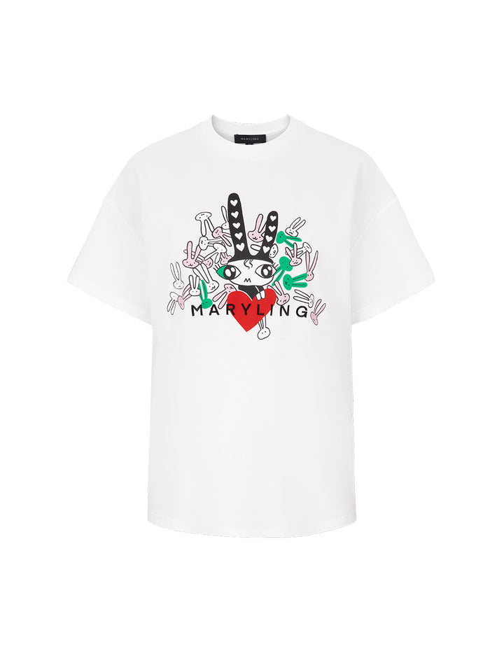 MARYLING White Rabbit Print Loose Fit Short Sleeve T-Shirt