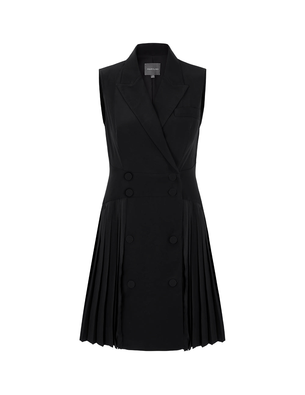 MARYLING Black Sleeveless Blazer Collar Pleated Dress