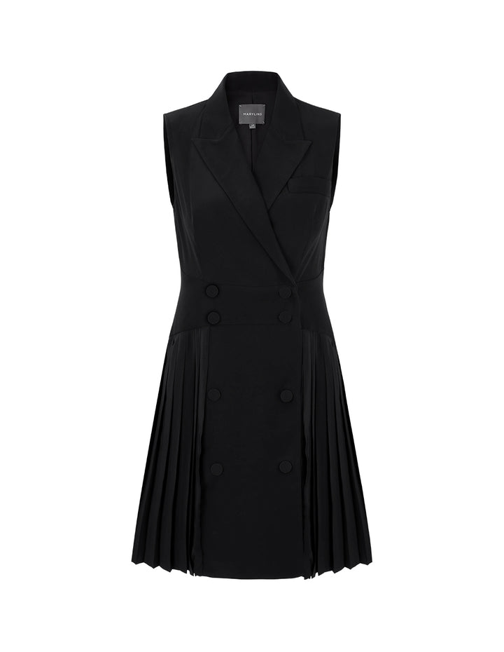 MARYLING Black Sleeveless Blazer Collar Pleated Dress