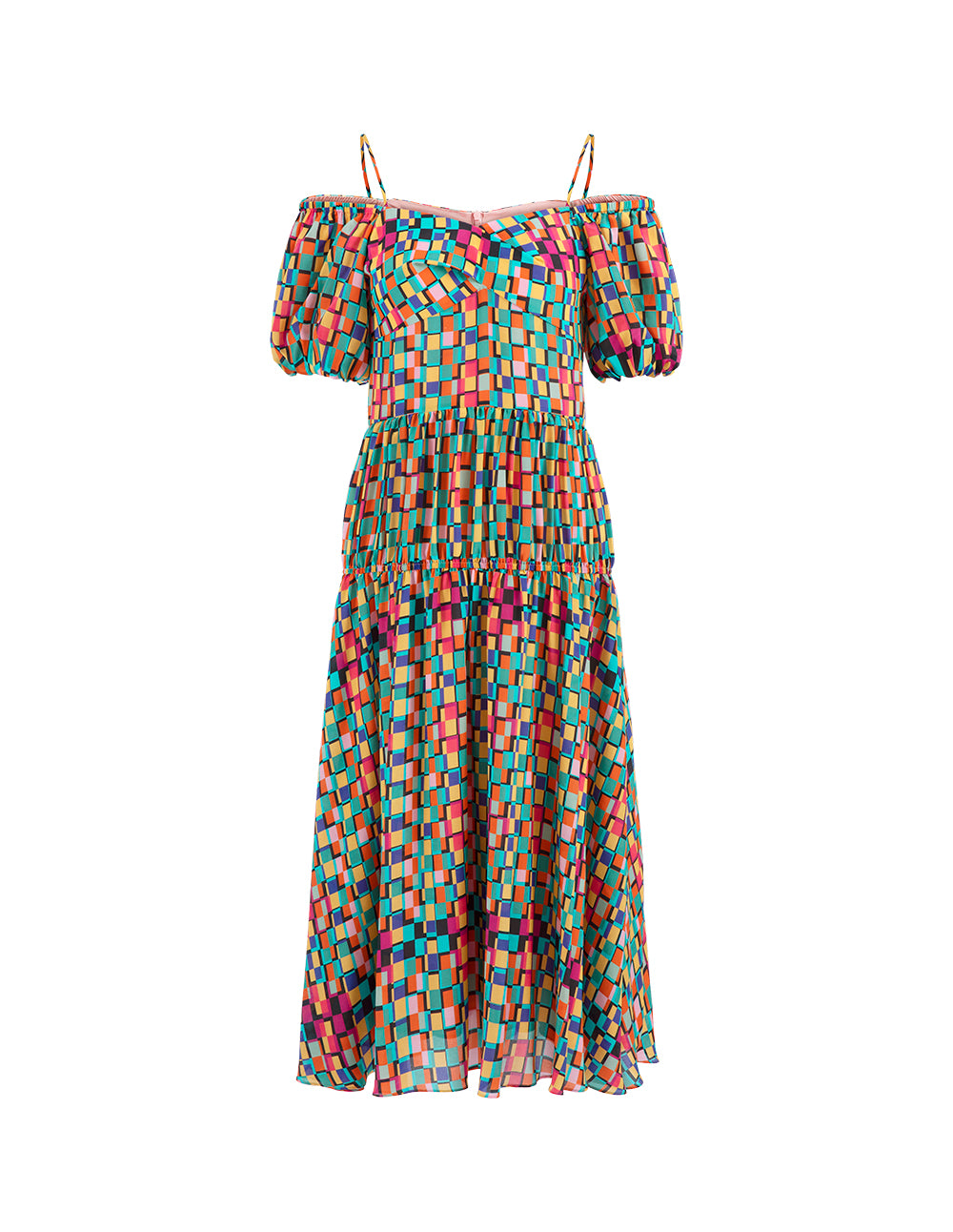 MARYLING Colourful Checkered Bubble Sleeve Printed Dress