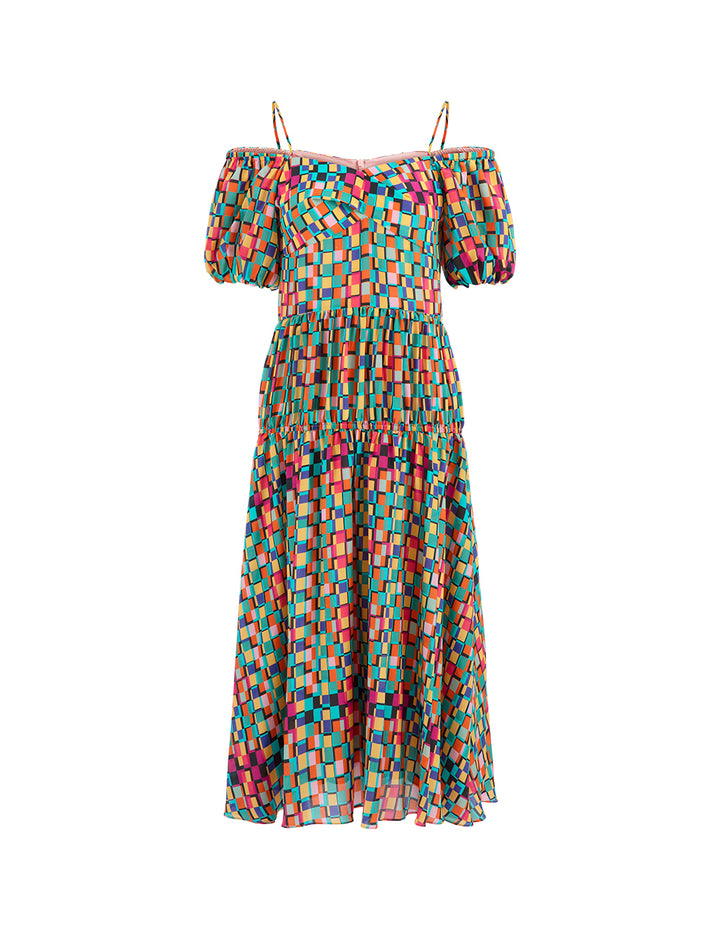 MARYLING Colourful Checkered Bubble Sleeve Printed Dress