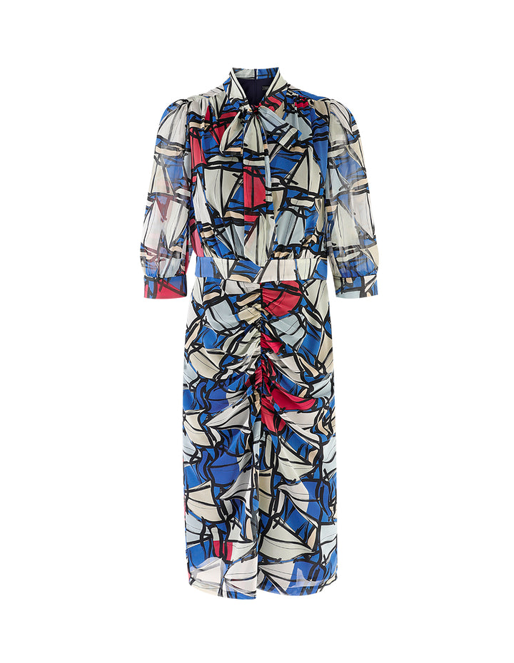 MARYLING Boat Georgette Print Bow Neck Dress