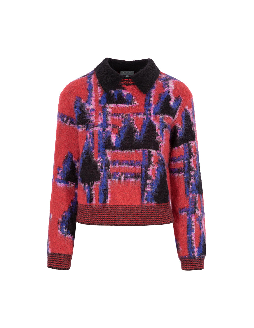 MARYLING Lapel Red And Blue Puzzle Knit Sweater