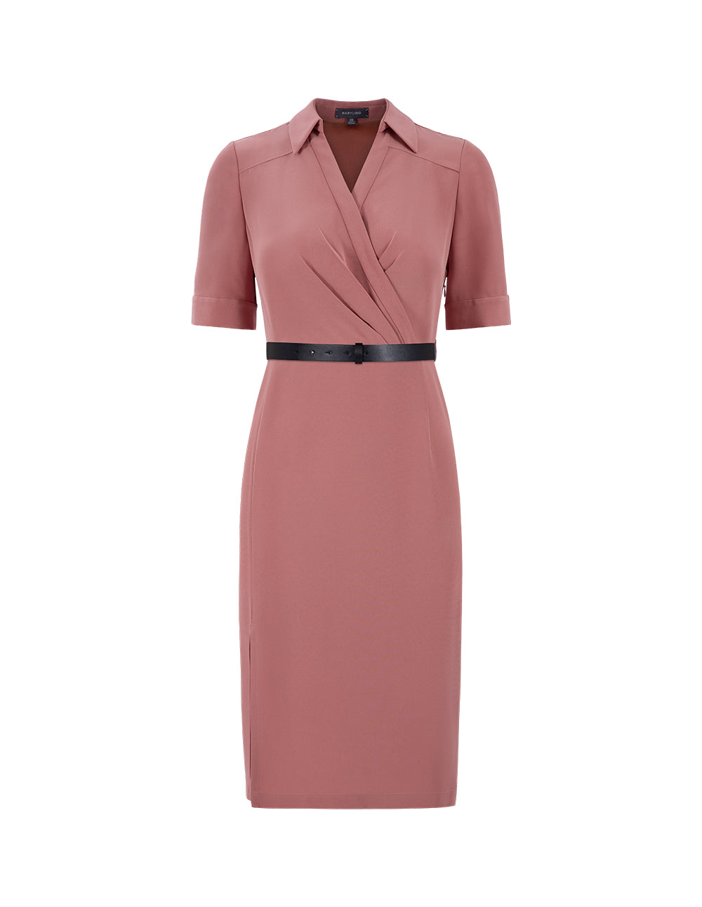 MARYLING Shirt Collar Pleated Straight Slit Dress