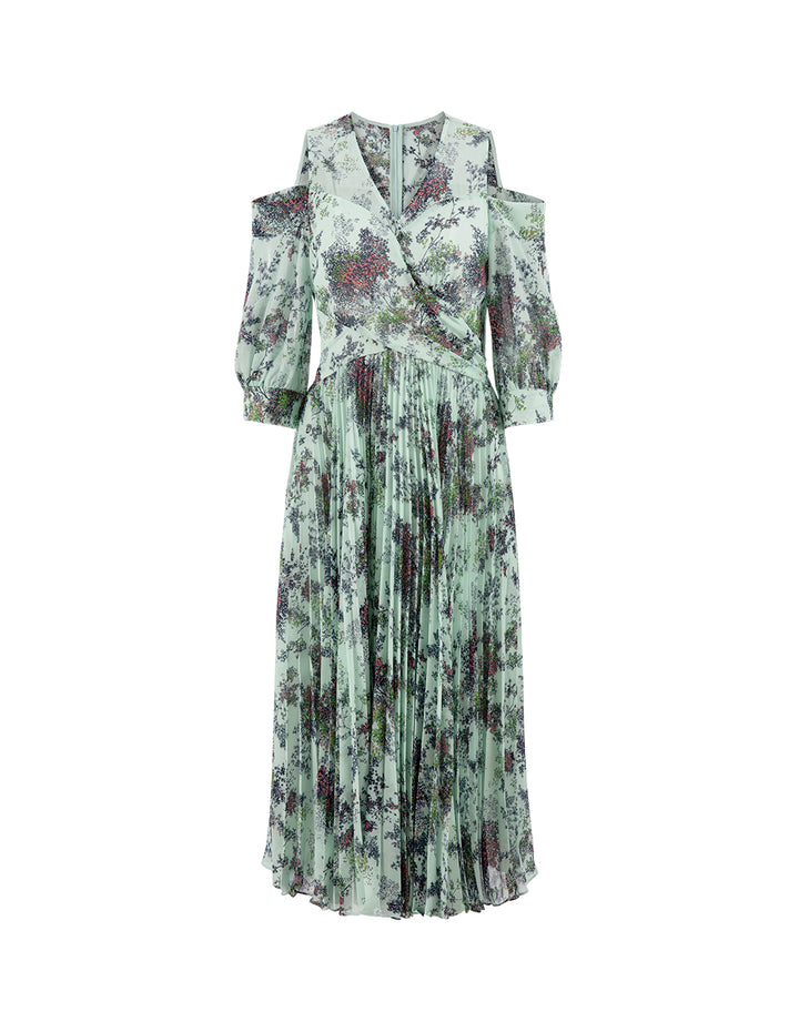 MARYLING Light Green Summer Jungle V-Neck Crossed Pleated Off-Shoulder Printed Dress