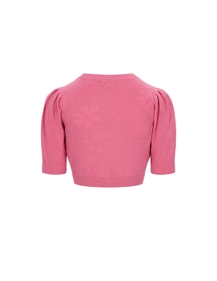MARYLING Honey Pink Round Neck Flowers Knitted Cardigan