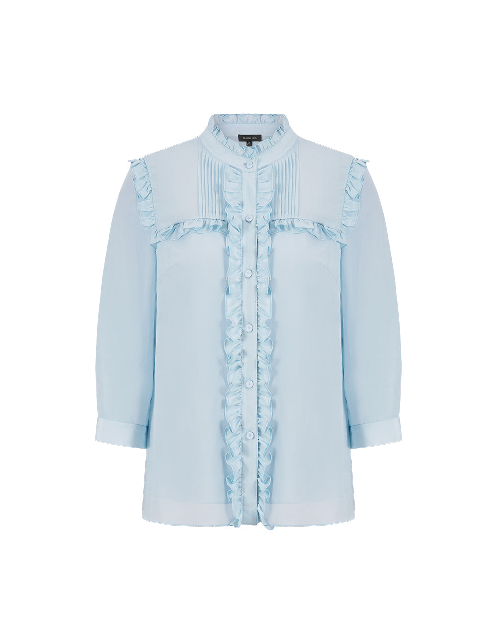 MARYLING Ice Blue Small Stand Collar Three Quarter Sleeve Shirt With Wooden Ears