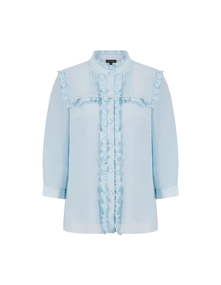 MARYLING Ice Blue Small Stand Collar Three Quarter Sleeve Shirt With Wooden Ears