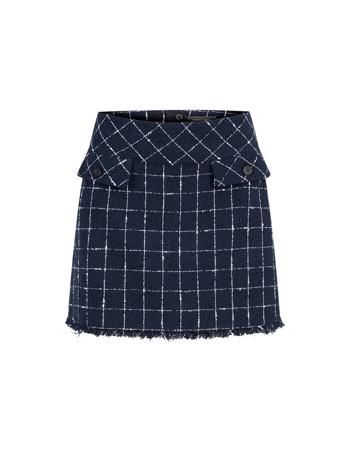 MARYLING A-Shape Plaid Mini Skirt In Tweed With Two Side Pockets Tassel