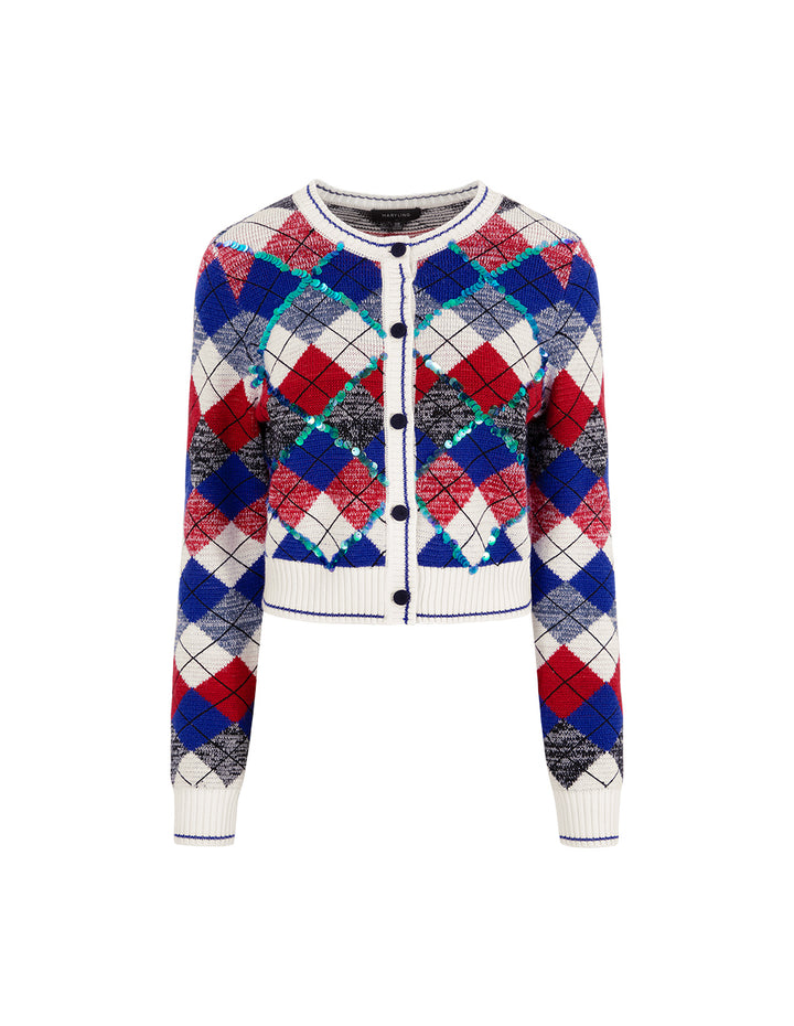 MARYLING Diamond Check Round Neck Knitted Cardigan