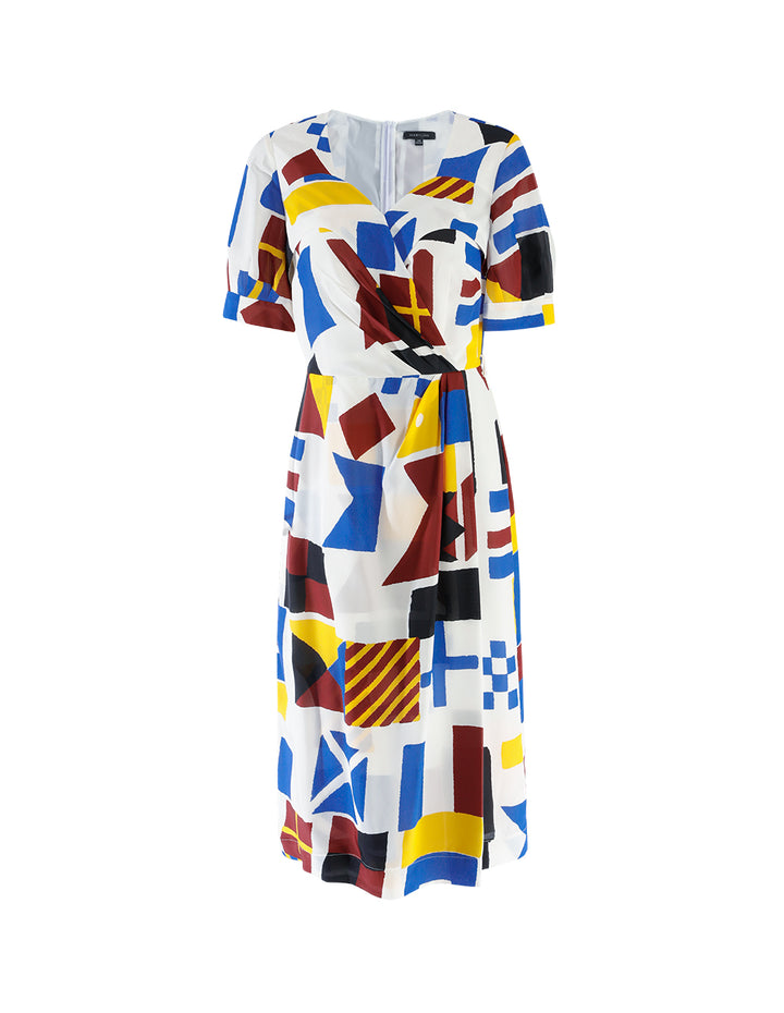 MARYLING V-neck crisscross pleated color block silk dress