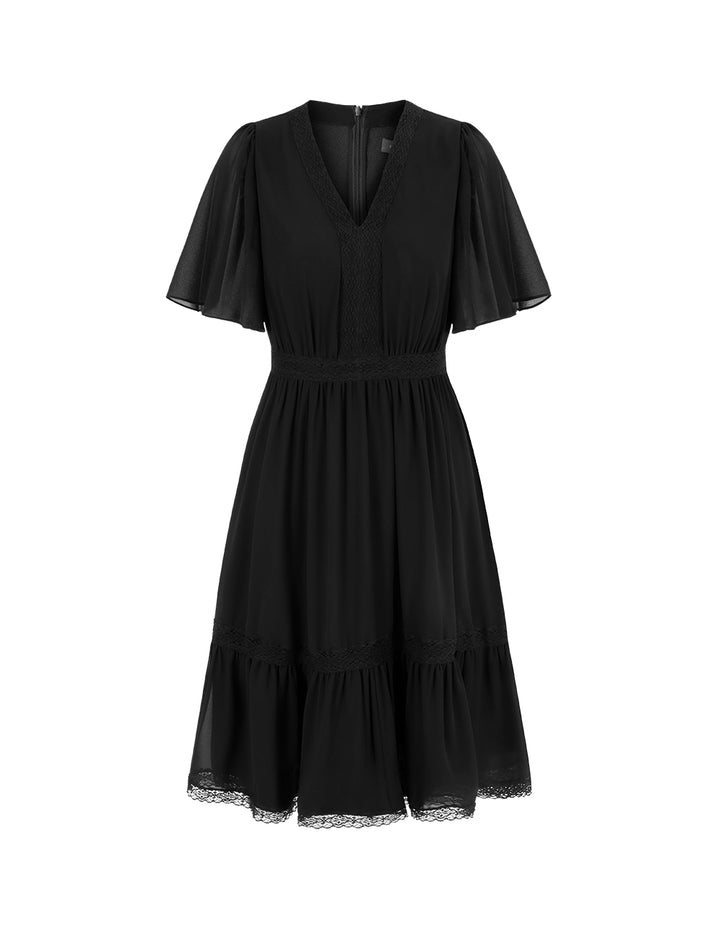 MARYLING Black V-Neck Bell Sleeve Lace Trim Georgette Dress