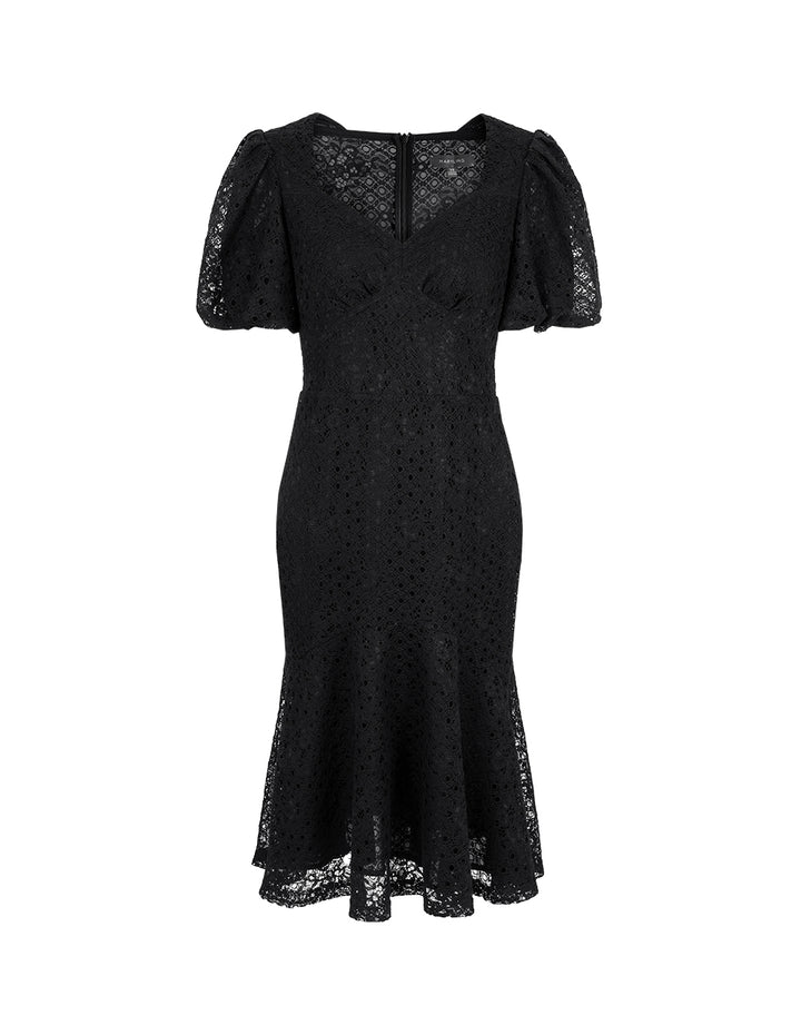 MARYLING Black Puff Sleeve Fishtail Lace Dress
