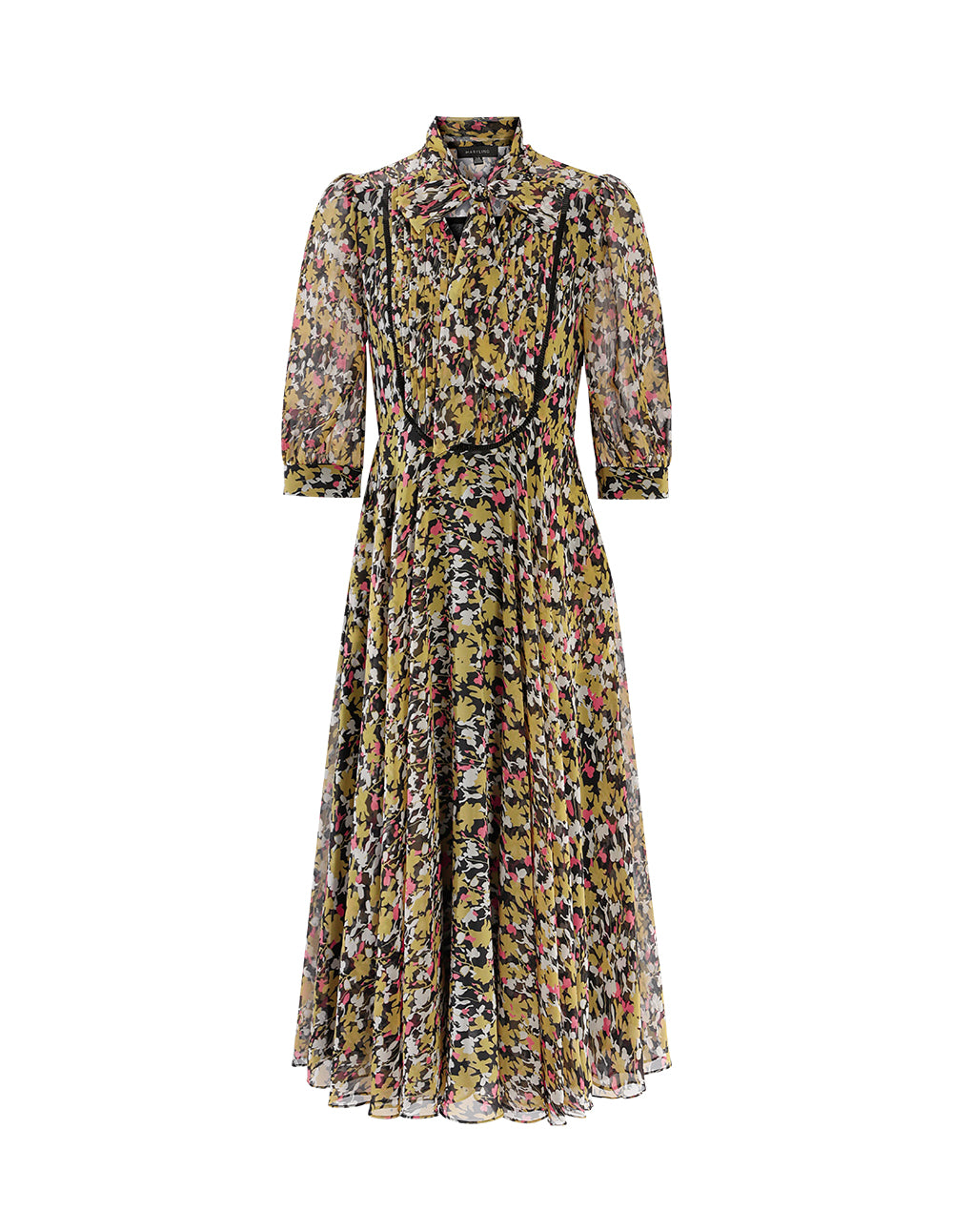 MARYLING V-Neck Tie Puffed Sleeves Print Dress
