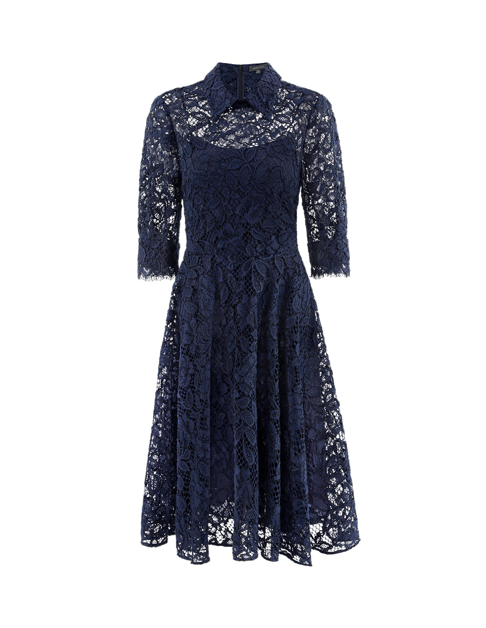 MARYLING Puff Sleeve Shirt Collar Lace Midi Dress
