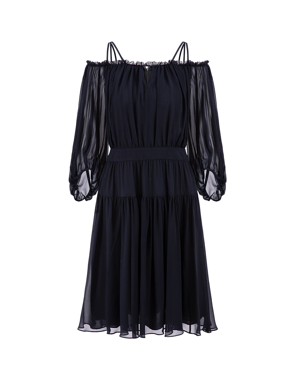 MARYLING Dark Blue One Shoulder Puff Sleeve Georgette Dress