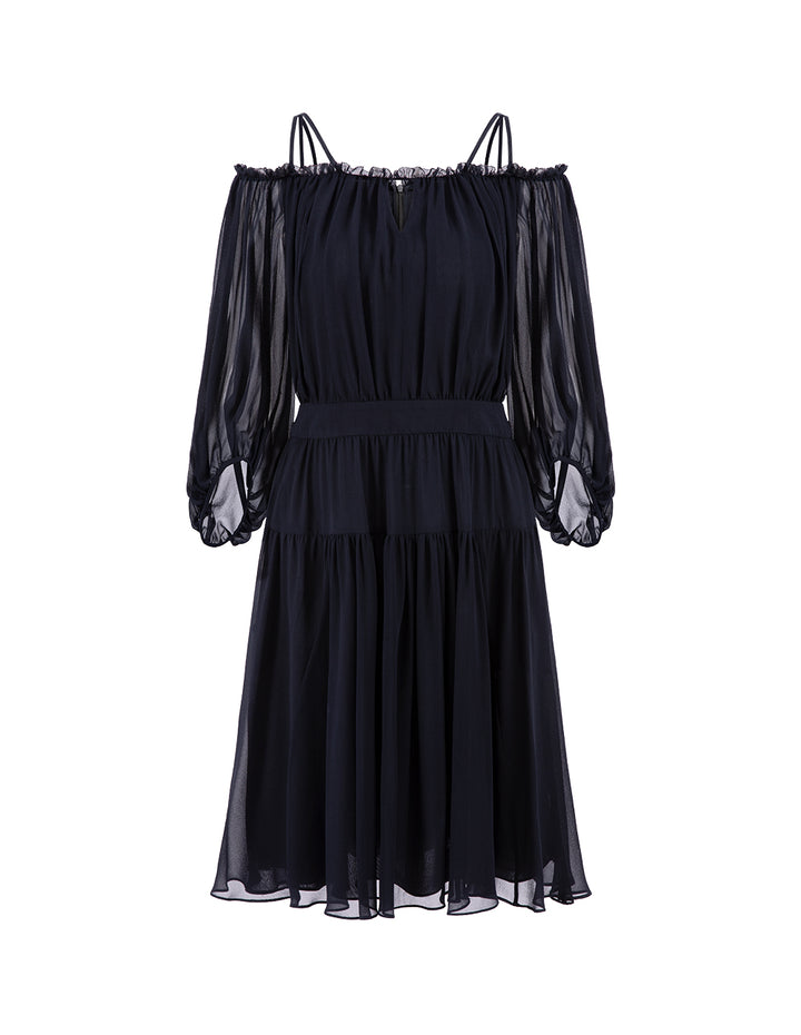 MARYLING Dark Blue One Shoulder Puff Sleeve Georgette Dress