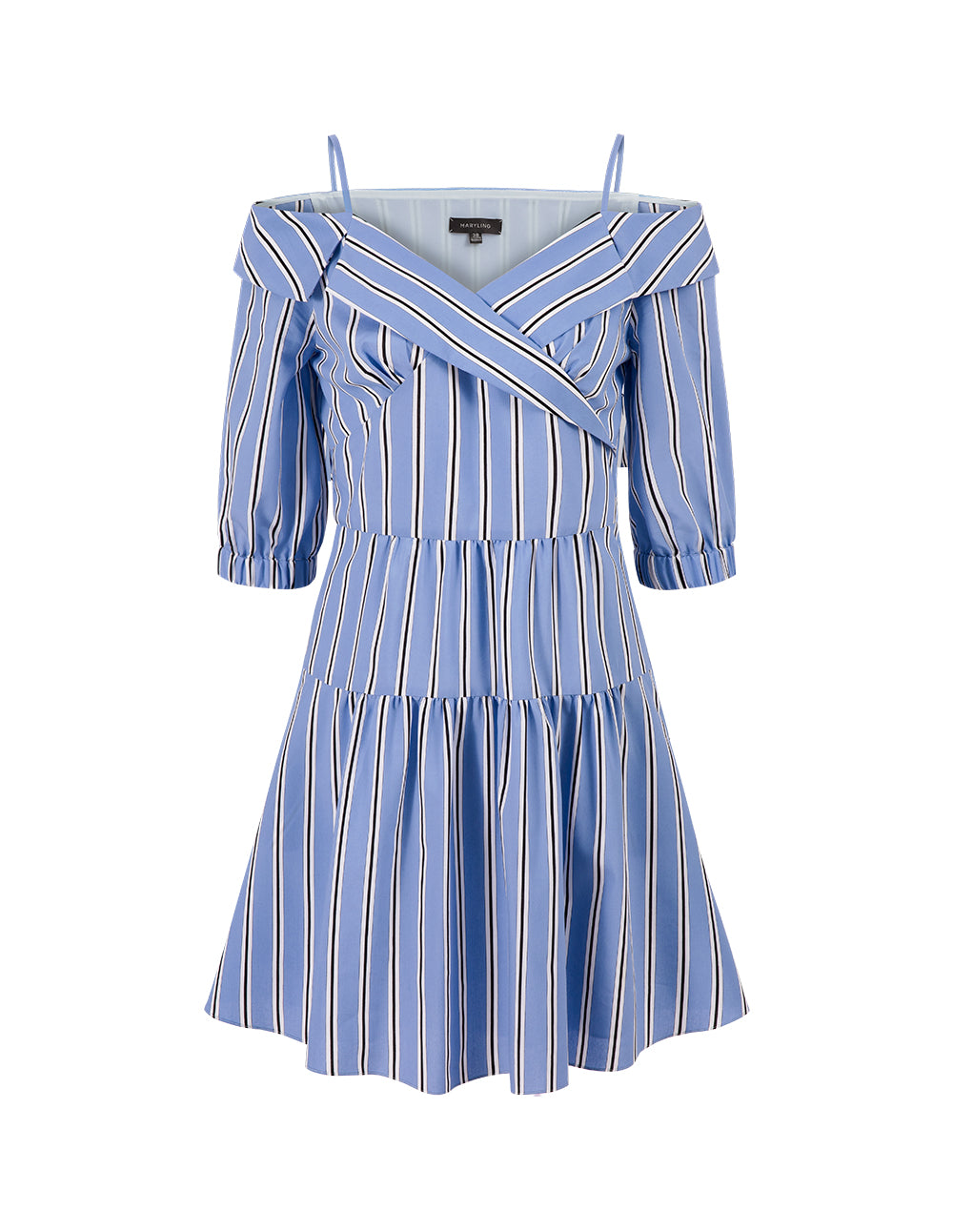 MARYLING Blue And White Striped Off-Shoulder Lapel Detail Striped Dress