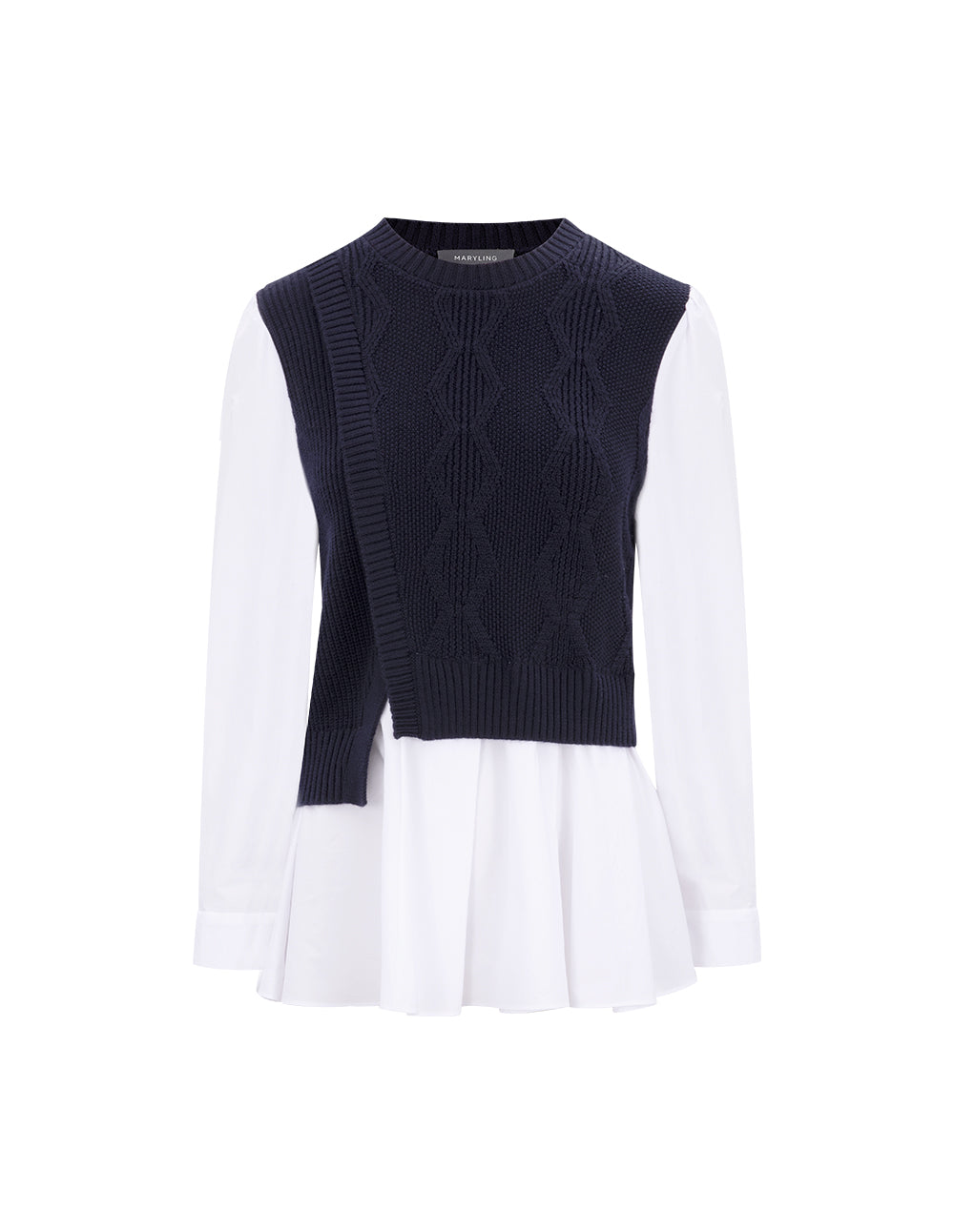 MARYLING Blue And White Asymmetric Knit Woven Sweater