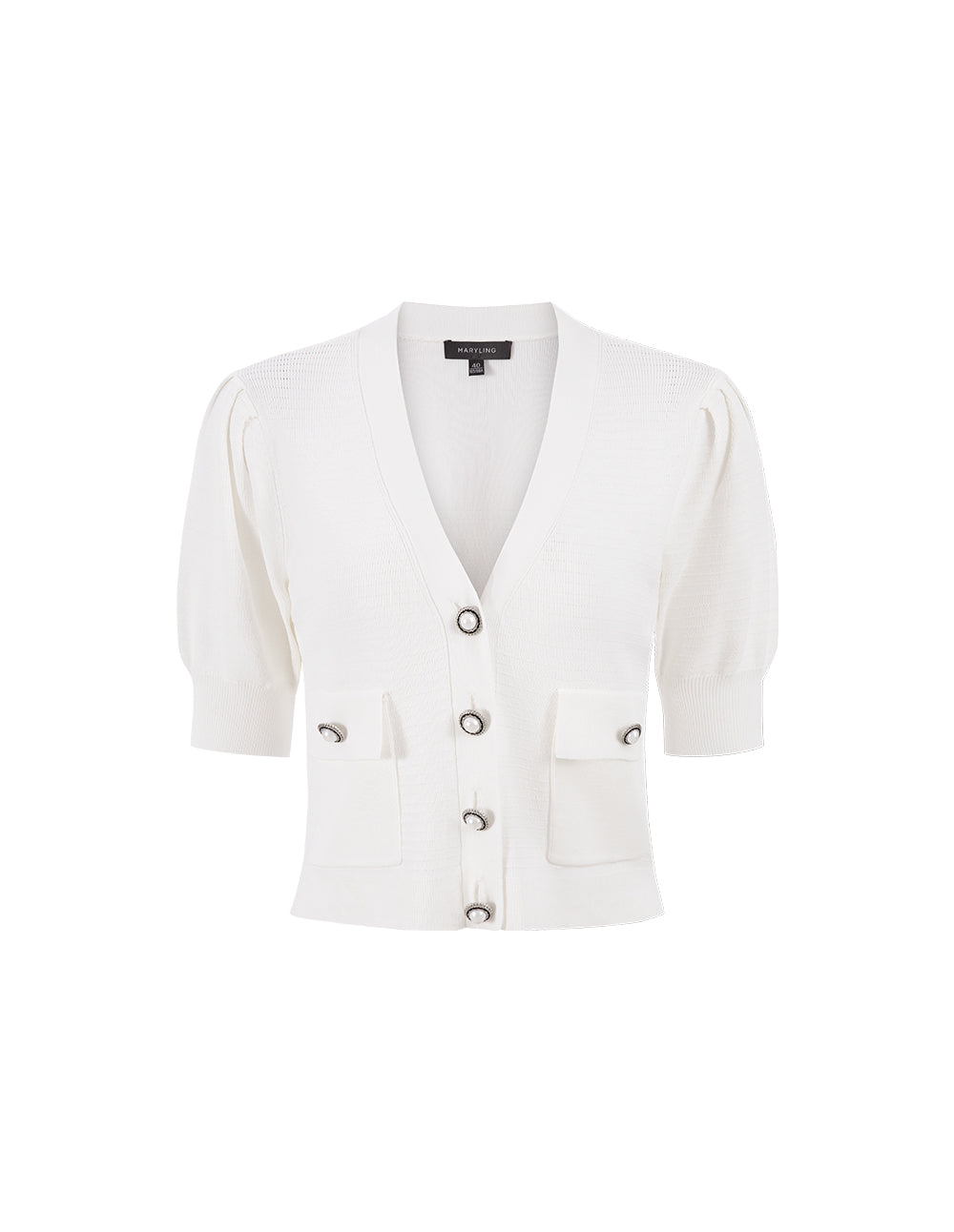 MARYLING Off-White V-Neck Pearl Button Short-Sleeved Knitted Cardigan