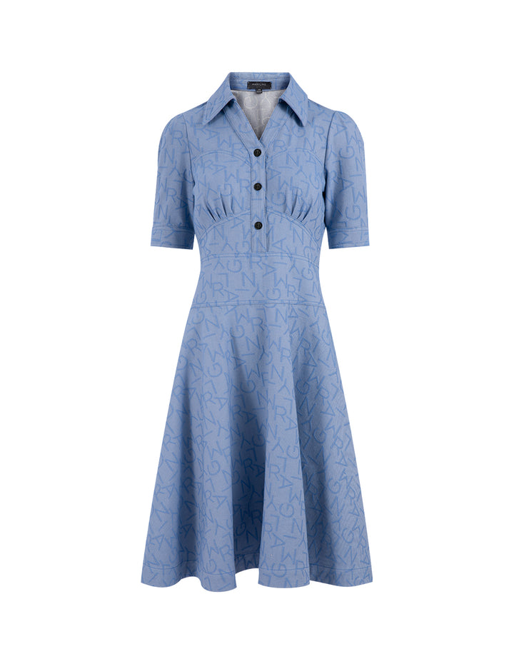 MARYLING V-Neck Puff Short-Sleeved High Waistline Blue Denim Shirt Dress